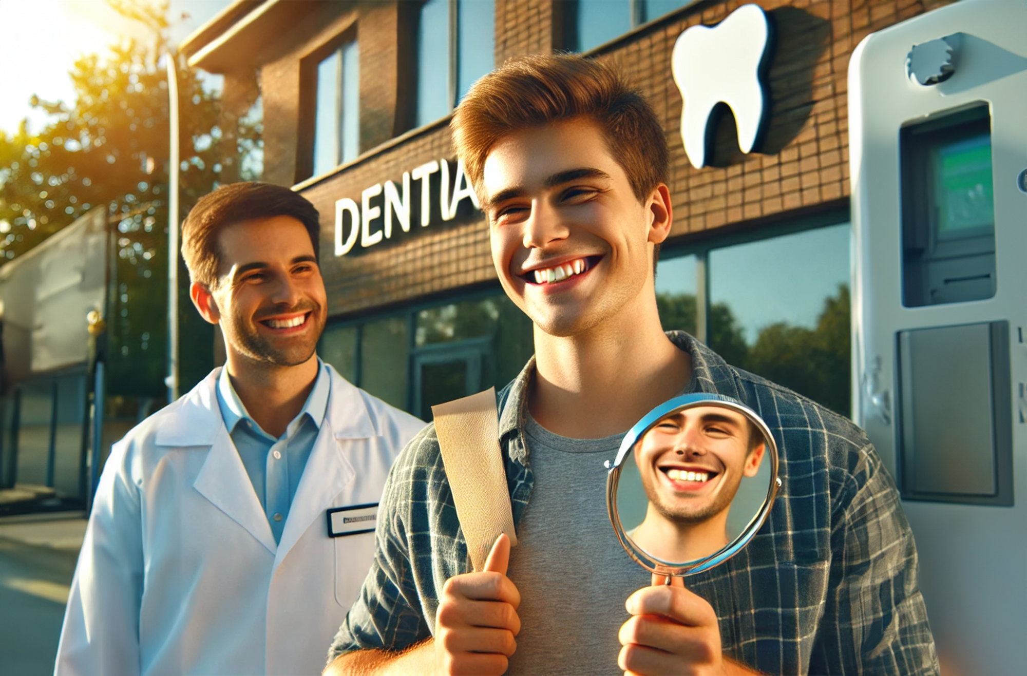 Un patient heureux admirant son nouveau sourire après un traitement de dentisterie esthétique chez Quadro Dental