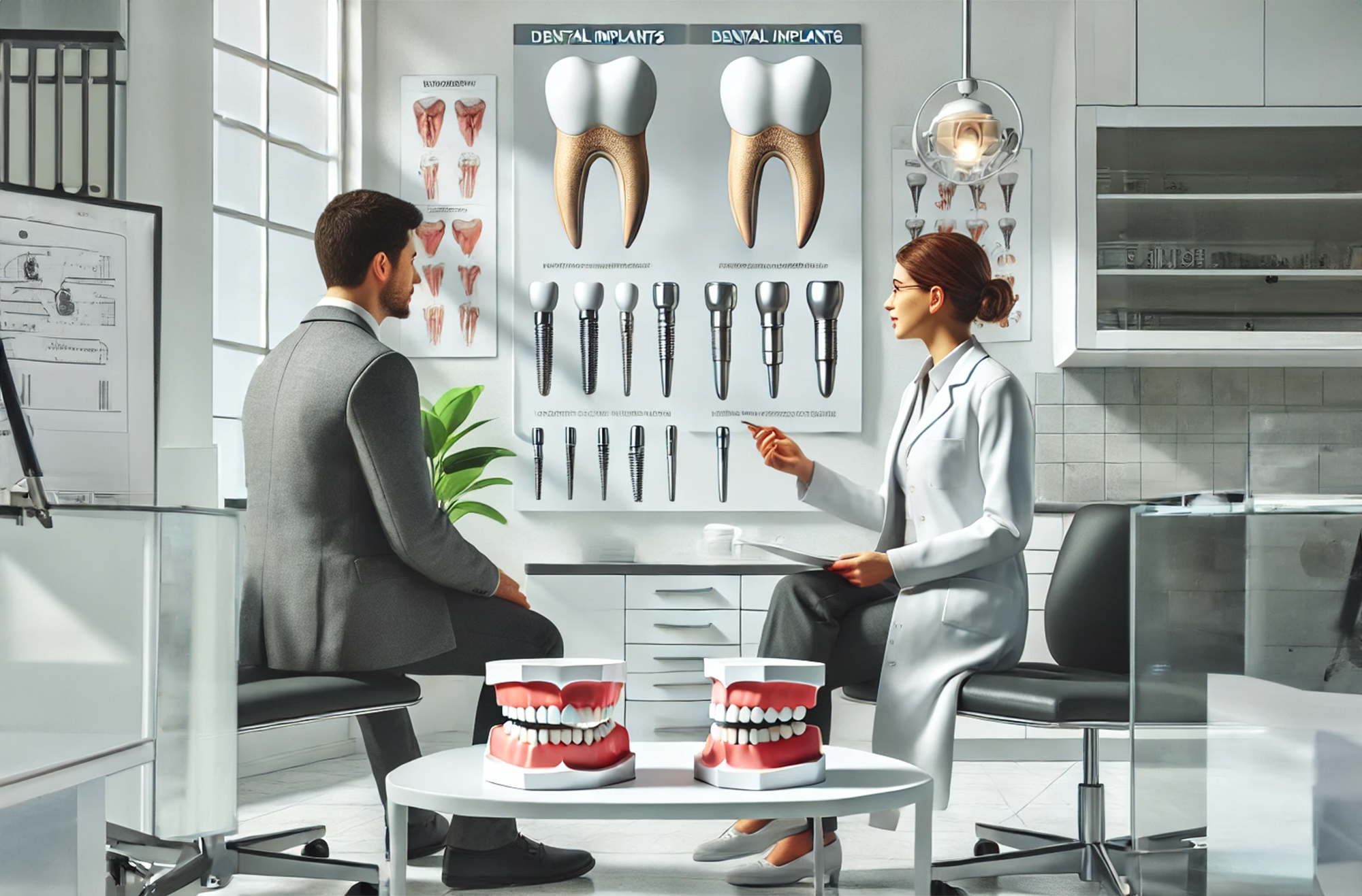 Un dentiste chez Quadro Dental expliquant les différents types d'implants dentaires à un patient